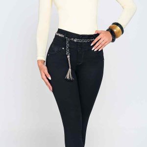 Jean Skinny Bota Tubo Push Up Seven 7 Tono Negro con Diseño y Cinturón